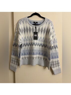 FRYE Chunky Blue Grey Fair Isle Aztec Southwestern Crewneck Sweater Size XL NWT